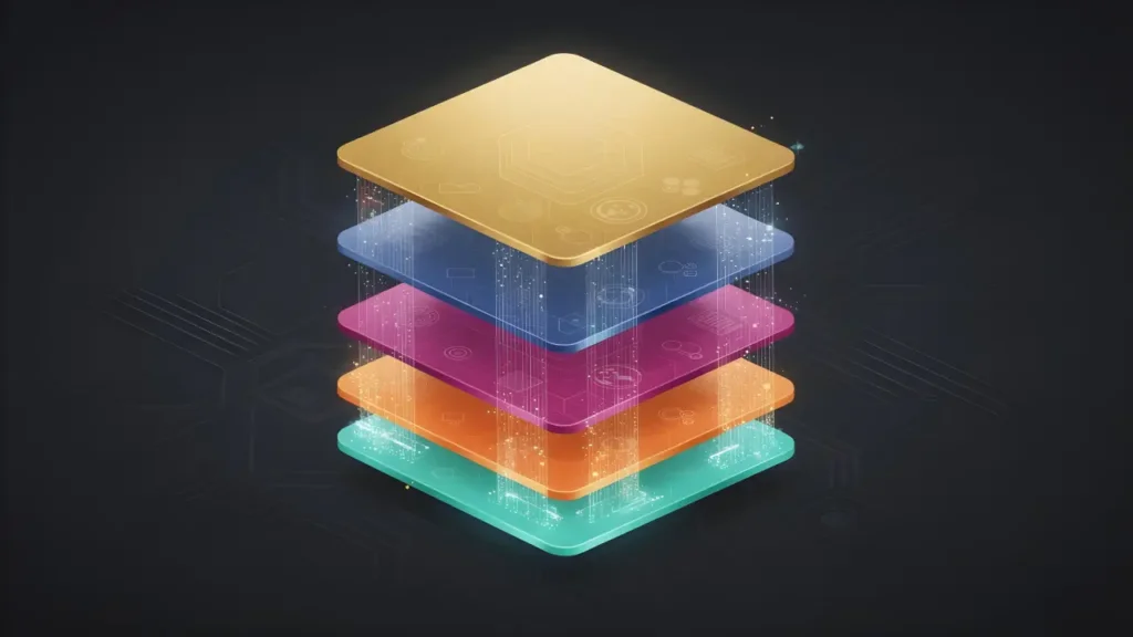 stacked layers diagram representing casino platform stack architecture with connected data flow between system layers