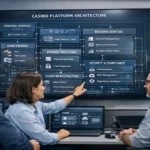 Three professionals analyzing a casino platform architecture diagram on a large screen showing frontend, backend, payment, and security systems