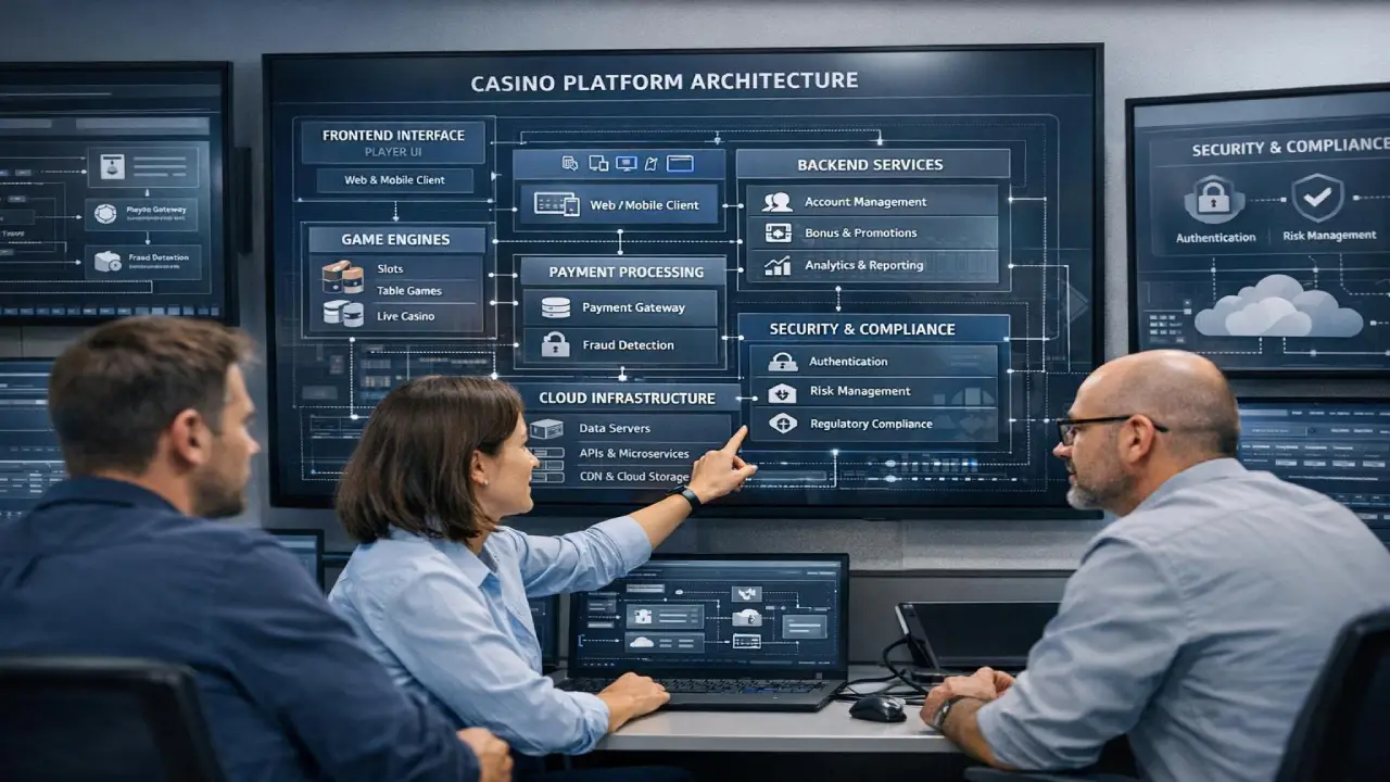 Three professionals analyzing a casino platform architecture diagram on a large screen showing frontend, backend, payment, and security systems